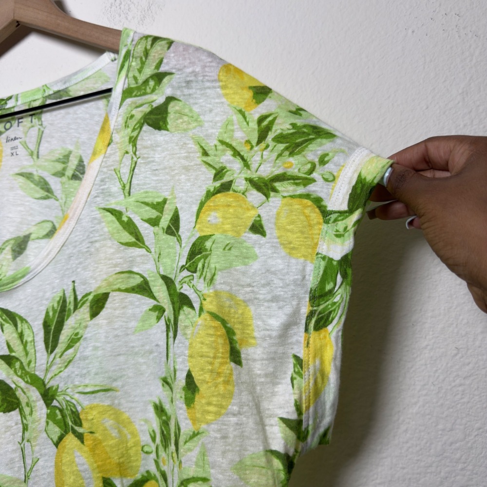 LOFT Women 100% Linen Tee XL White Yellow Green Lemon Print Short Sleeve Novelty - Picture 6 of 7